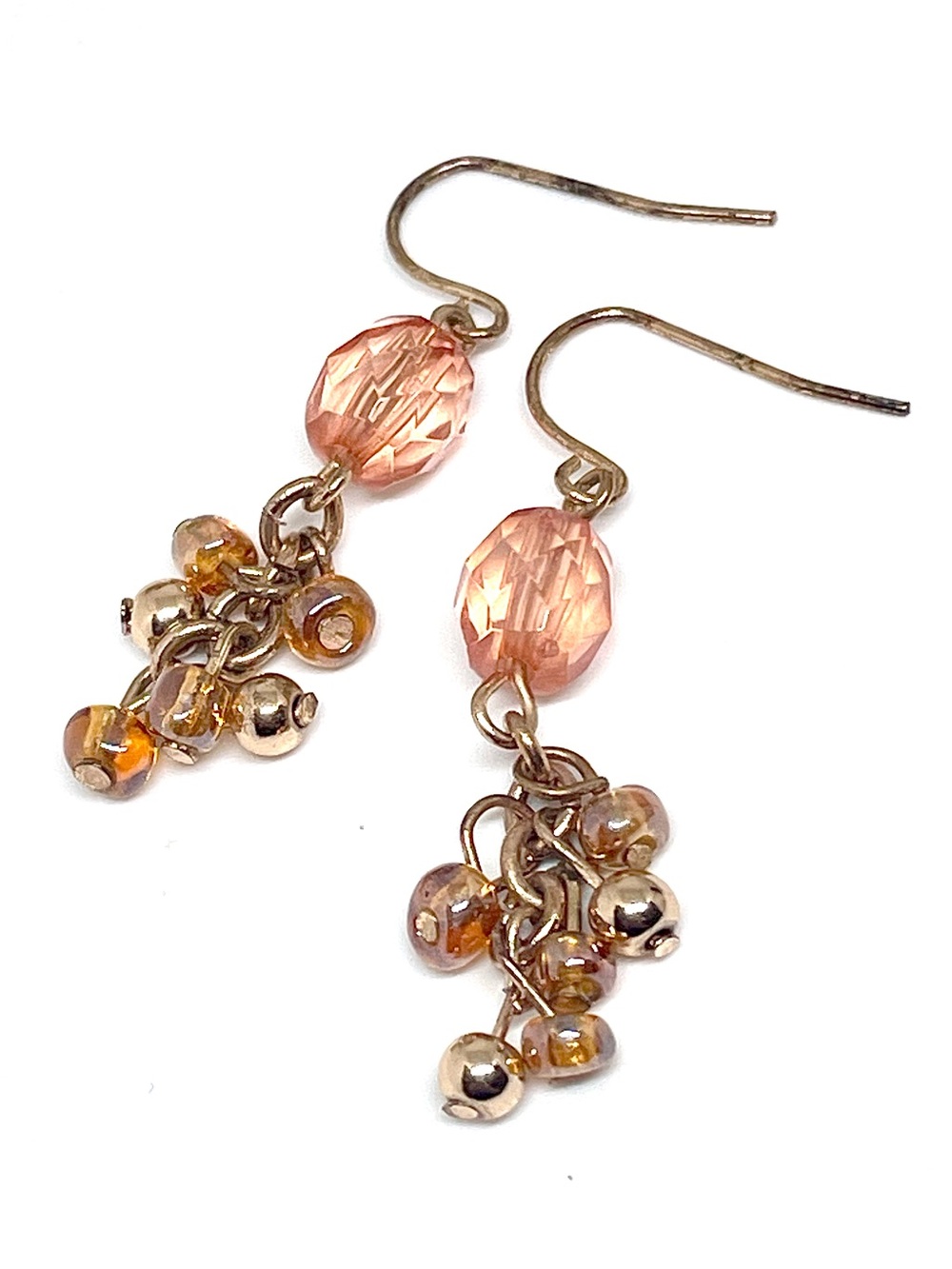 Blush Pink Faceted Acrylic and Gold Glass Seed Bead Cluster Dangle Earrings